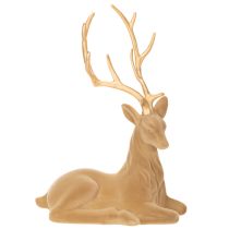Artikel Dekofigur liegender Hirsch mit goldfarbenem Geweih, beflockt, 58 cm, hellbraun