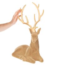 Artikel Dekofigur liegender Hirsch mit goldfarbenem Geweih, beflockt, 58 cm, hellbraun