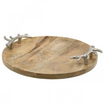Holz Tablett Rund mit Geweih Henkel Dekotablett Rustikal Ø39cm