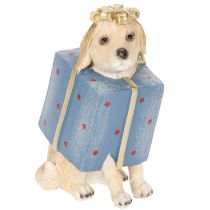 Artikel Dekofigur Hund sitzend im Geschenkpaket 20cm Kunstharz handbemalt