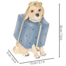 Artikel Dekofigur Hund sitzend im Geschenkpaket 20cm Kunstharz handbemalt