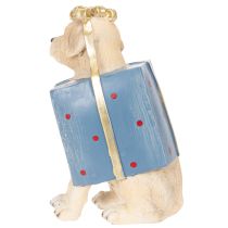 Artikel Dekofigur Hund sitzend im Geschenkpaket 20cm Kunstharz handbemalt