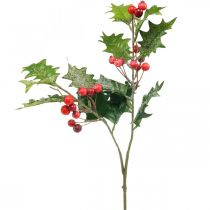 Künstlicher Ilexzweig, Winterbeere, Weihnachtsdeko, Stechpalme beschneit Grün, Rot L63cm
