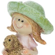 Artikel Kantenhocker Mädchen mit Hund aus Polyresin Ø4,5cm H9,5cm in Rosa und Grün