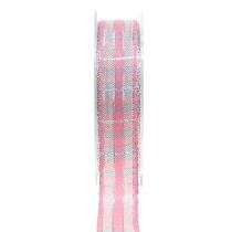 Karoband mit Glimmer Rosa-Silber 25mm 15m