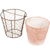 Artikel Keramik Blumentopf weiß gewaschen im braunen Metallkorb Ø18cm