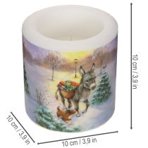 Artikel Stumpenkerze 10cm Weiß mit Winterlandschaft und Tiermotiv