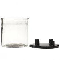Artikel Kerzenhalter aus Glas mit Metall-Deckel H11cm Ø10cm Schwarz/Klar