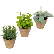 Artikel Künstliche Kräutertöpfe aus Kunststoff, 15 cm, grüne Blätter, 3er-Set