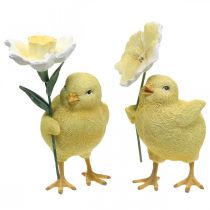 Fröhliche Oster-Küken, Küken mit Blume, Tischdeko Ostern, Deko-Küken H11/11,5cm 2er-Set