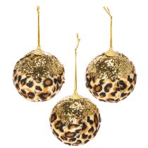 Artikel Weihnachtskugeln Kunststoff Leopard Muster mit Glitzer 7cm 3 Stück
