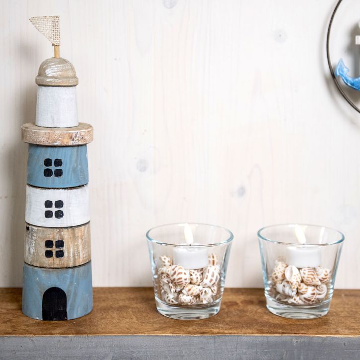 Leuchtturm aus Holz Maritime Holzdeko Blau Weiß H30,5cm