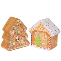 Artikel Weihnachtsdose Metall im Set Lebkuchenhaus und Tannenbaum, 14 cm hoch