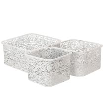 Artikel Metallschalen 3er-Set Eckig, Spitzenmuster, Weiß-Silber, 27/23/19 cm, Dekogefäße