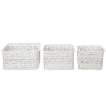 Artikel Metallschalen 3er-Set Eckig, Spitzenmuster, Weiß-Silber, 27/23/19 cm, Dekogefäße