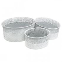 Schale zum Bepflanzen, Metallgefäß mit Spitzenmuster, Dekotopf oval Weiß, Silbern Shabby Chic L41,5/35/29,5cm H19/16/14,5cm 3er-Set