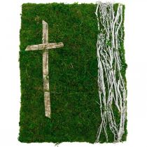 Moosbild Reben und Kreuz für Grabgesteck Grün, Weiß 40×30cm