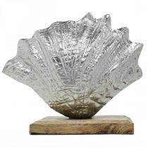 Artikel Muschel aus Metall mit Holzfuß, Silberfarben, 16×19cm, dekorativ