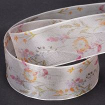 Artikel Organzaband Chiffonband Blumenmuster 40mm x 15m Rosa Apricot Orange