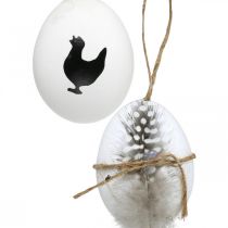 Osterdeko, Hühnereier zum Hängen, Deko-Eier Feder und Huhn, Braun, Blau, Weiß 6er-Set