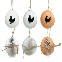 Osterdeko, Hühnereier zum Hängen, Deko-Eier Feder und Huhn, Braun, Blau, Weiß 6er-Set