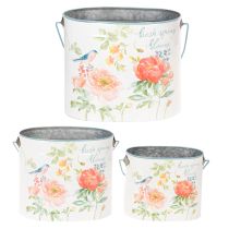 Artikel Pflanzeimer oval Metall 26/22/17 cm Blumenmotiv Weiß-Türkis 3er-Set