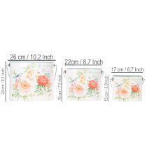 Artikel Pflanzeimer oval Metall 26/22/17 cm Blumenmotiv Weiß-Türkis 3er-Set