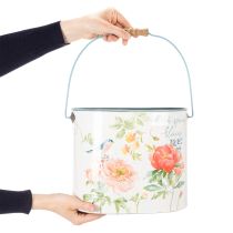 Artikel Pflanzeimer oval Metall 26/22/17 cm Blumenmotiv Weiß-Türkis 3er-Set