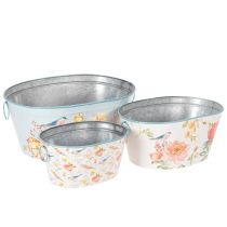 Artikel Pflanzschalen Set oval aus Metall mit Blumen- und Vogelmotiven, 3 Stück, 39/31/24,5 cm