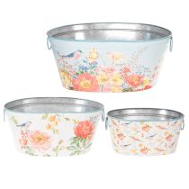 Artikel Pflanzschalen Set oval aus Metall mit Blumen- und Vogelmotiven, 3 Stück, 39/31/24,5 cm