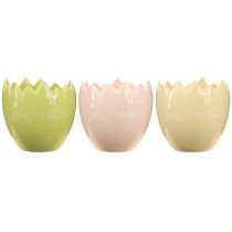 Artikel Keramik-Blumentopf eiförmig mit zerbrochener Kante 9 cm pastellgelb, rosa, grün 3er-Set