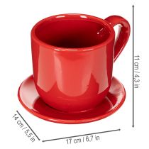 Artikel Tasse mit Unterteller aus Keramik 17 cm rot als Pflanztopf für den Innenbereich