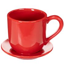 Artikel Tasse mit Unterteller aus Keramik 17 cm rot als Pflanztopf für den Innenbereich