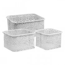 Metallschalen Spitzenmuster, Dekogefäß Eckig, Shabby Chic, Weiß 27/23/19cm H13,5cm 3er-Set