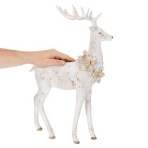 Artikel Dekofigur Hirsch aus Kunstharz mit Zapfenschmuck 49cm Weiß-Grau