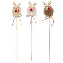 Artikel Dekostecker Rentierfigur 24 cm Holz Stoff Pompom Braun Beige Weiß Innenbereich 12 Stück