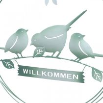 Artikel Metall-Hängedeko Ø27cm, Willkommensschild mit Vogelpaar und Pusteblume, Grün-Weiß, 2er-Set