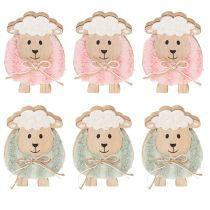 Artikel Holz Schaf Dekofigur rosa und grün 11cm für Frühling und Ostern, 6er Set