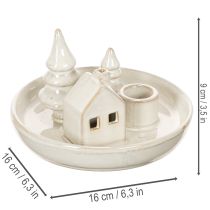 Artikel Deko-Kerzenhalter Keramik mit Haus- und Baum-Motiv 16 cm grau-weiß