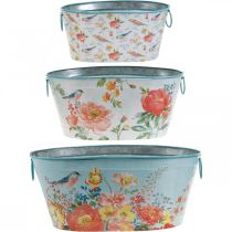 Artikel Pflanzschalen, Frühling, Pflanzkübel Blumen/Vögel, Metallgefäß oval L39/31/24,5cm 3er-Set