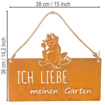 Artikel Schild aus Metall mit Frosch-Motiv und Gartenspruch in Edelrostoptik, 38cm
