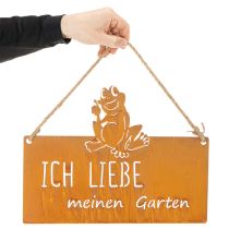 Artikel Schild aus Metall mit Frosch-Motiv und Gartenspruch in Edelrostoptik, 38cm
