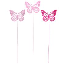 Artikel Deko Schmetterlinge aus Holz mit Metallstiel 8 cm Rosa/Pink 18 Stück