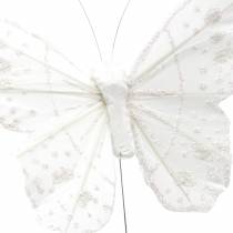 Federschmetterling am Draht Weiß mit Glitzer 10cm 12St