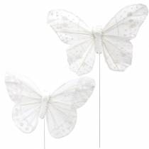Federschmetterling am Draht Weiß mit Glitzer 10cm 12St
