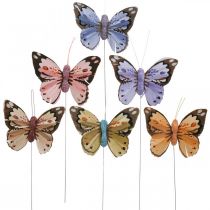 Federschmetterlingen, Deko-Schmetterlinge am Stab, Blumenstecker Rosa, Orange, Violett, Braun, Blau, Beige 6×8cm 12St