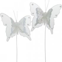 Schmetterlinge mit Perlen und Glimmer, Hochzeitsdeko, Federschmetterling am Draht Weiß