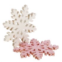 Artikel Schneeflocken Holz 4cm Weiß/Pink mit Glitter 72 Stück