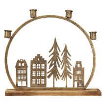 Artikel Stabkerzenhalter aus Metall mit Häuserreihe und Tannen in Antik Gold 36×32cm