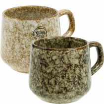 Artikel Steingut Tasse Becher mit Henkel Braun, Beige 9,5cm 2St